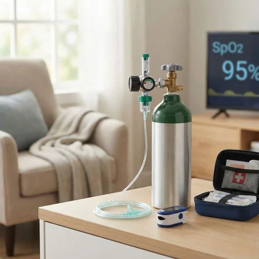 A home setup for oxygen therapy featuring an oxygen tank, tubing, and a pulse oximeter