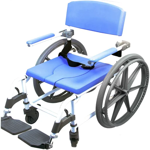 Blue commode wheelchair with adjustable armrests and footrests