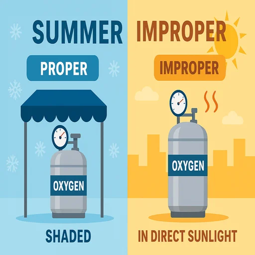 Properly stored oxygen cylinder in shaded area