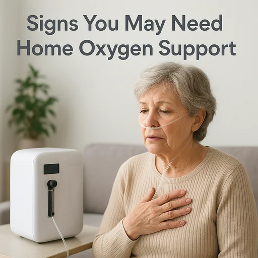 An elderly woman experiencing signs that may require home oxygen support