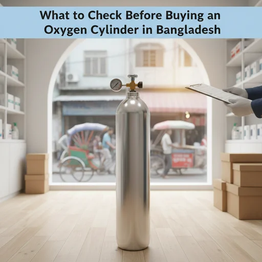 A modern medical oxygen cylinder placed in a well-organized pharmacy, emphasizing the importance of proper selection