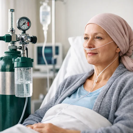 A cancer patient receiving oxygen therapy in a hospital bed