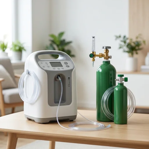 Portable oxygen equipment including a concentrator and oxygen cylinders