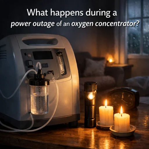 An oxygen concentrator during a power outage with candles and a flashlight.