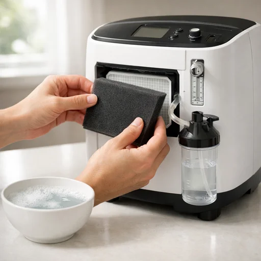 a person maintaining an oxygen concentrator by changing the filter