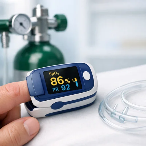 A pulse oximeter displaying oxygen saturation and pulse rate on a finger
