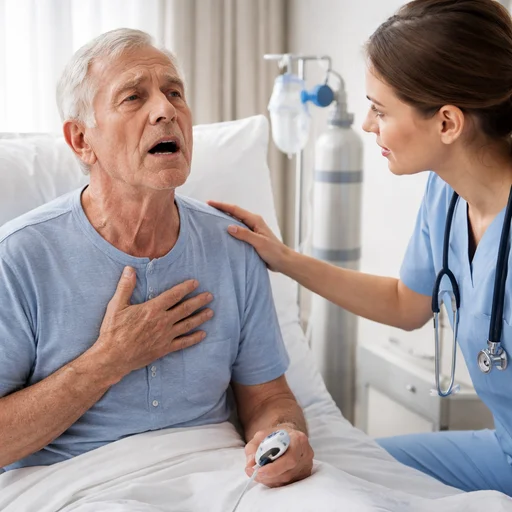 Elderly patient in a hospital bed urgently needing oxygen support