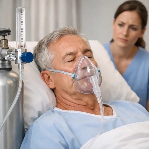 Hospital patient being monitored by a nurse while on oxygen