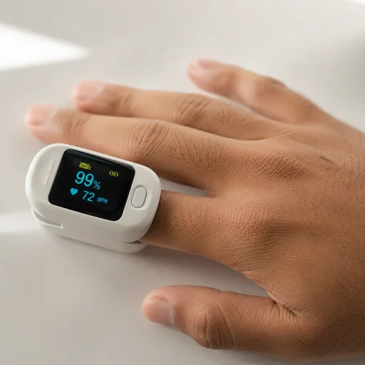 A close-up of a fingertip pulse oximeter displaying oxygen saturation and heart rate
