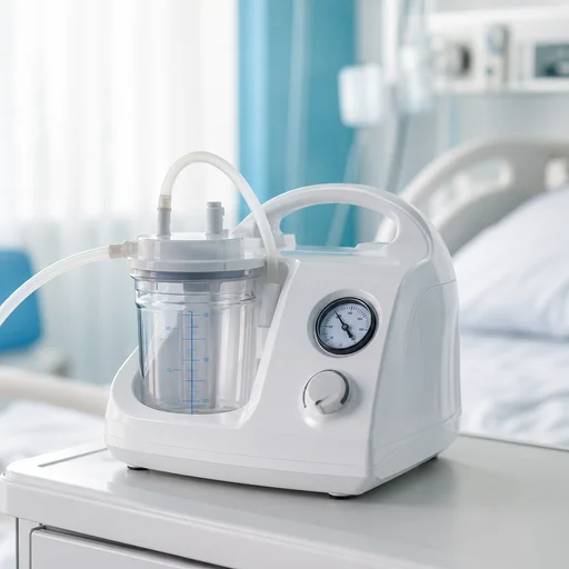 A hospital bed alongside a suction machine, representing essential medical equipment for respiratory support