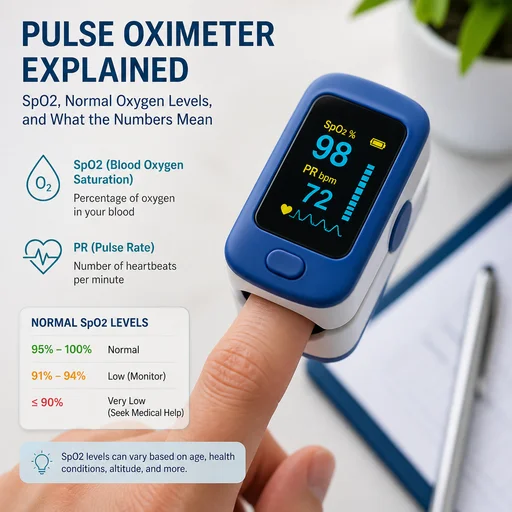 a pulse oximeter displaying blood oxygen saturation and pulse rate