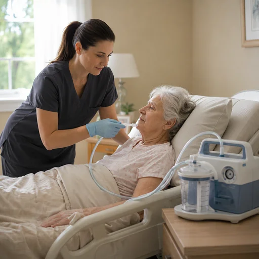 A woman in a hospital bed with a suction machine nearby, indicating she is undergoing treatment