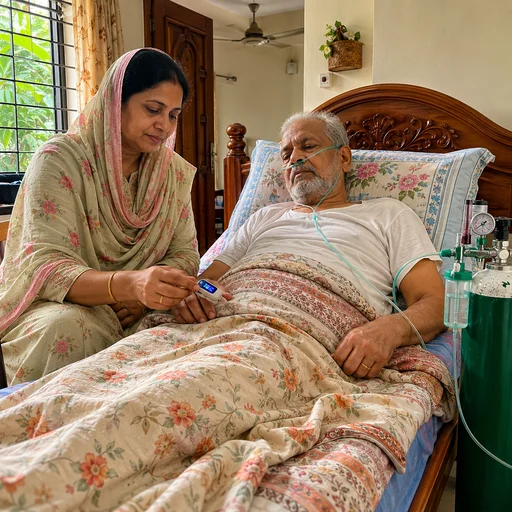 A woman checks the oxygen level of an elderly man lying in bed with an oxygen tube, in a home setting