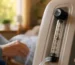 A person adjusts an oxygen machine in a cozy room, demonstrating the 1-15 LPM flow rate settings