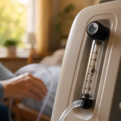 A person adjusts an oxygen machine in a cozy room, demonstrating the 1-15 LPM flow rate settings