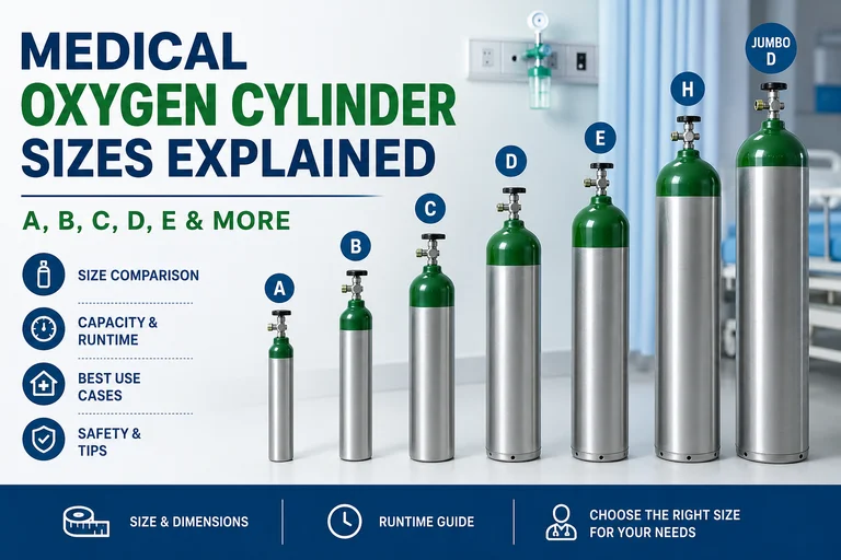Medical oxygen cylinder sizes comparison showing A, B, C, D, E, H, and Jumbo D cylinders arranged by size for home, hospital, and emergency medical use