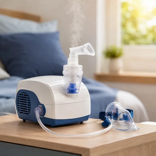 Modern nebulizer machine on a bedside table with visible mist, medicine cup, tubing, and face mask in a softly lit home bedroom setting