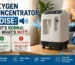 Oxygen concentrator in a home setting showing normal operating sounds and warning signs such as loud rattling, grinding, screeching, and buzzing