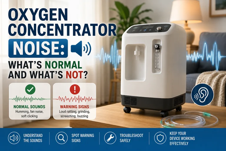 Oxygen concentrator in a home setting showing normal operating sounds and warning signs such as loud rattling, grinding, screeching, and buzzing