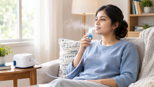 Person using a nebulizer with a mouthpiece while sitting on a sofa at home