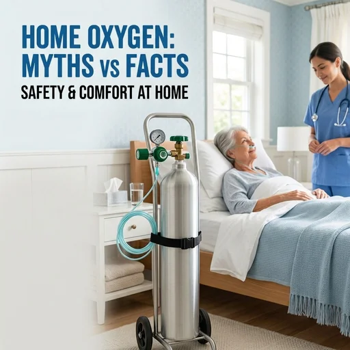 medical oxygen cylinder on a mobile stand next to an elderly patient in a home bedroom