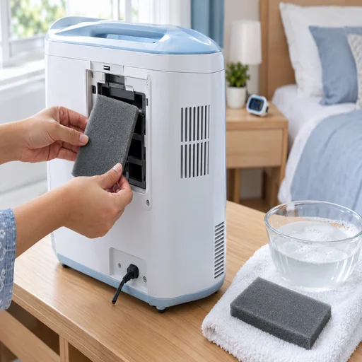 Hands removing a washable gray foam filter from a home oxygen concentrator for cleaning