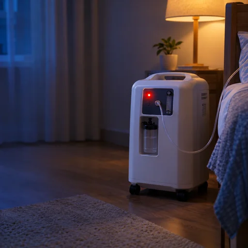 Oxygen concentrator with a red warning light glowing beside a bed in a softly lit bedroom at night